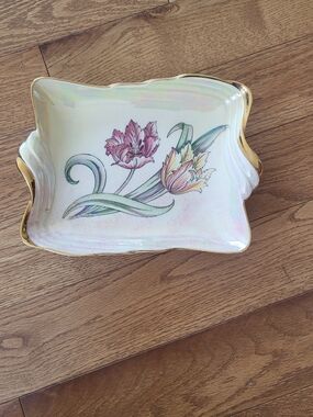 Iridescent Floral Ceramic Serving Dish with Gold Trim - White/Pink
